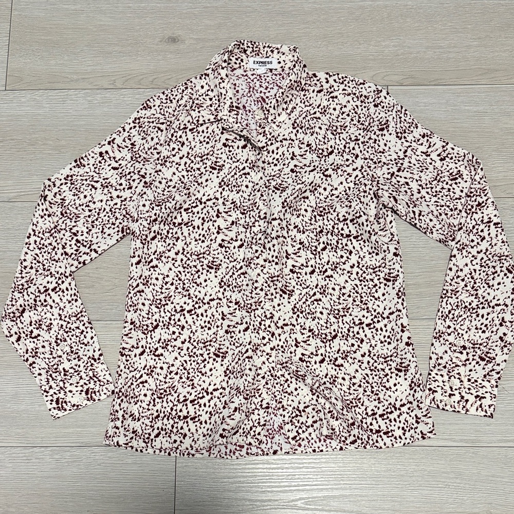 Express Women's Button-Down Shirt in Burgundy, Pink, and White Print